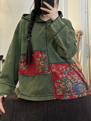 Plus Size Women Vintage Floral Patch Spliced Hooded Shirt