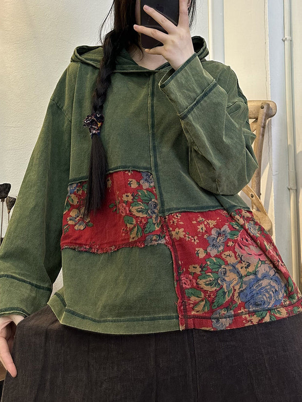 Plus Size Women Vintage Floral Patch Spliced Hooded Shirt