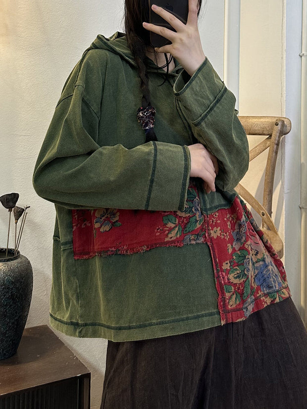 Plus Size Women Vintage Floral Patch Spliced Hooded Shirt