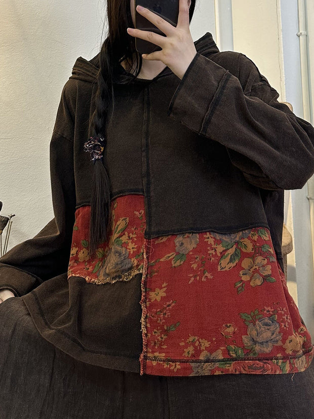 Plus Size Women Vintage Floral Patch Spliced Hooded Shirt