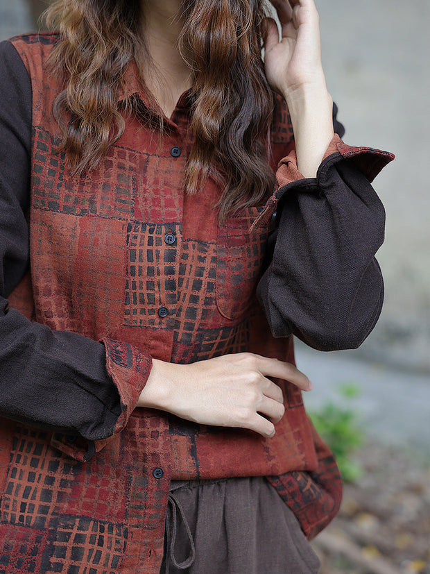 Women Vintage Autumn Colorblock Spliced Shirt