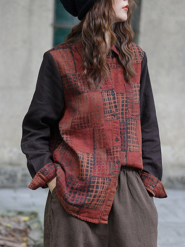 Damen Vintage Herbst-Colorblock-Spleißhemd
