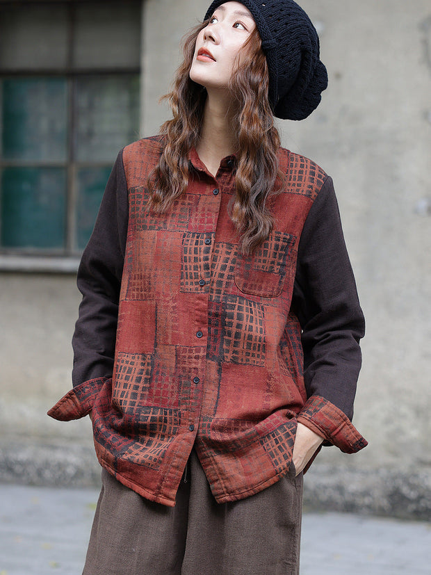 Damen Vintage Herbst-Colorblock-Spleißhemd