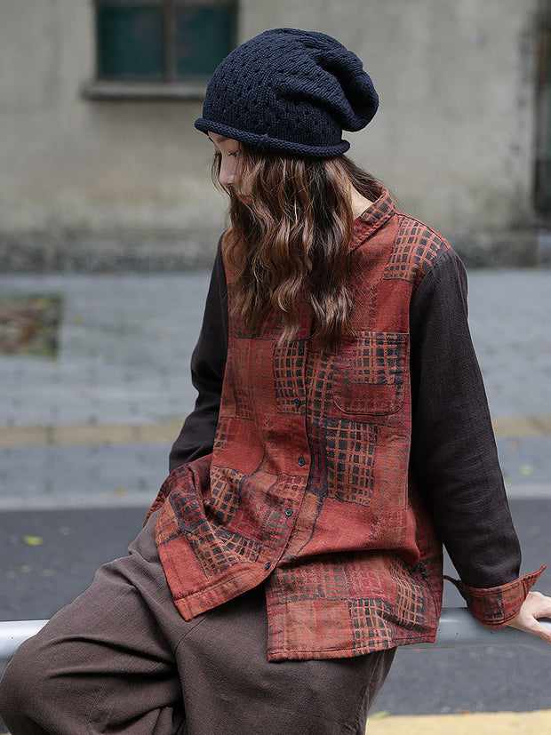 Damen Vintage Herbst-Colorblock-Spleißhemd