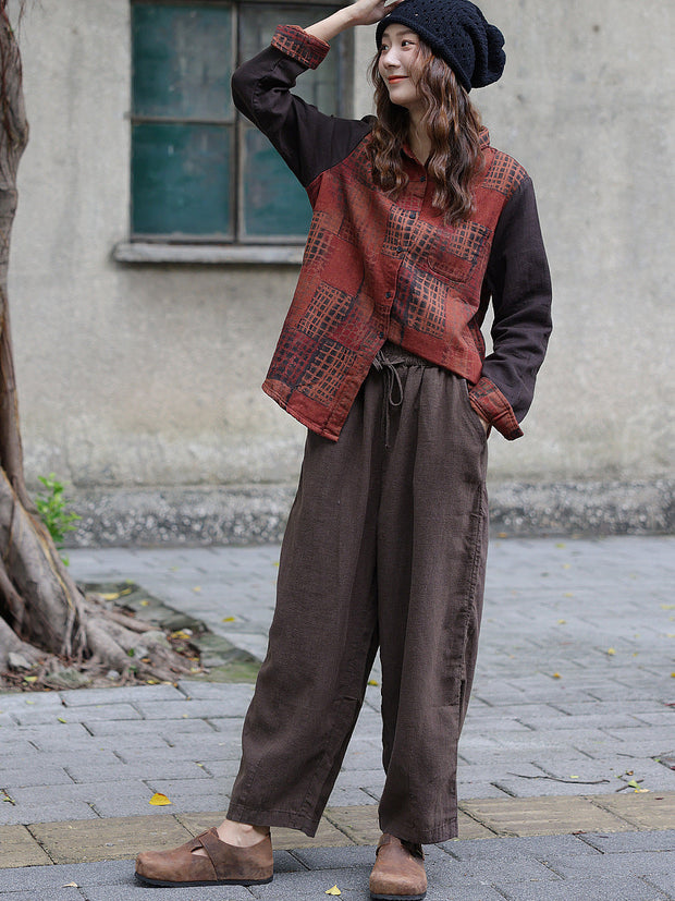 Damen Vintage Herbst-Colorblock-Spleißhemd