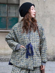 Women Winter Ethnic Floral Drawstring V-Neck Padded Coat