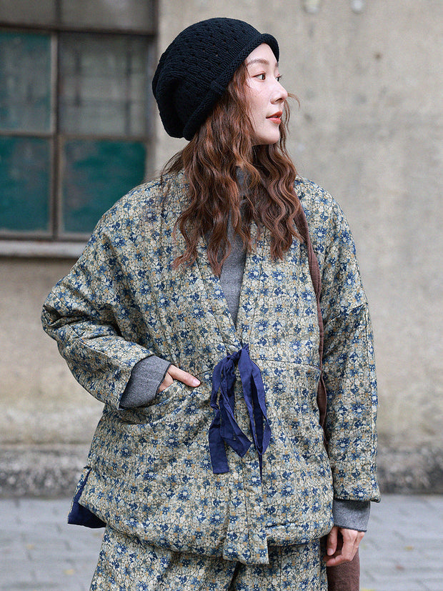 Women Winter Ethnic Floral Drawstring V-Neck Padded Coat
