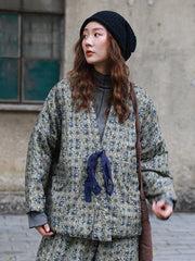 Women Winter Ethnic Floral Drawstring V-Neck Padded Coat