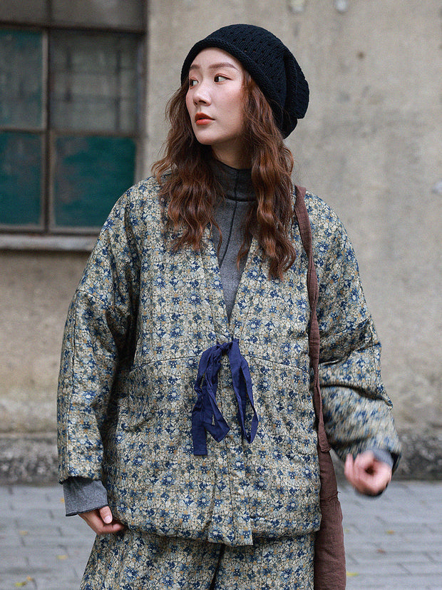 Women Winter Ethnic Floral Drawstring V-Neck Padded Coat