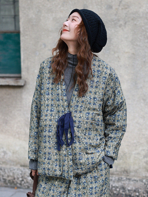 Women Winter Ethnic Floral Drawstring V-Neck Padded Coat