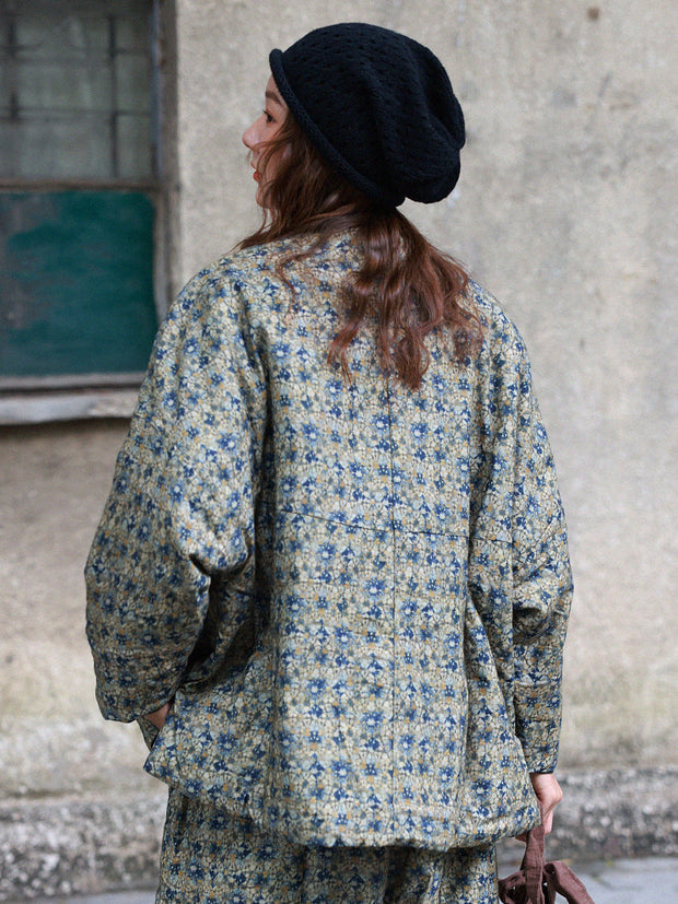 Women Winter Ethnic Floral Drawstring V-Neck Padded Coat