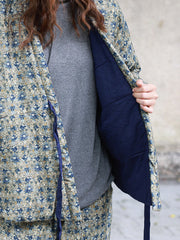 Women Winter Ethnic Floral Drawstring V-Neck Padded Coat