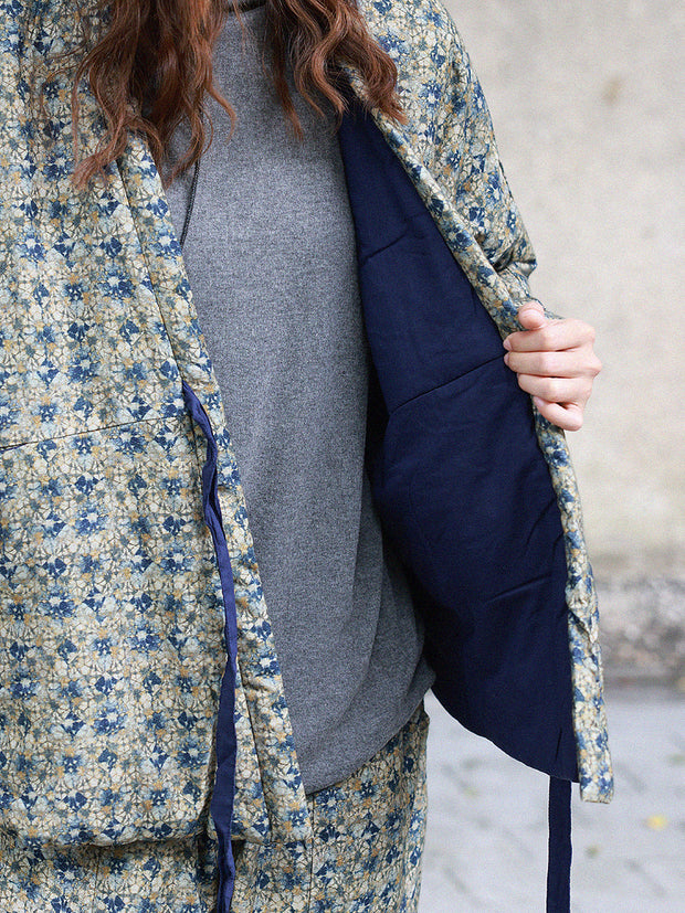 Women Winter Ethnic Floral Drawstring V-Neck Padded Coat