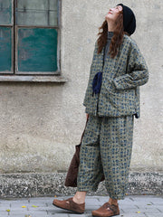 Women Winter Ethnic Floral Drawstring V-Neck Padded Coat
