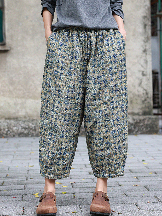 Women Vintage Floral Winter Warm Padded Harem Pants