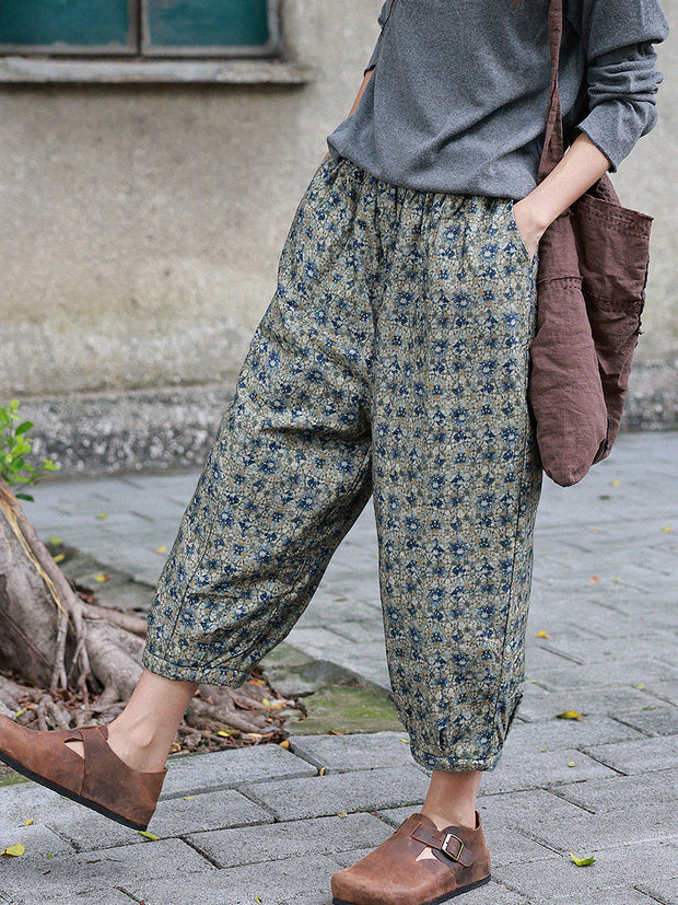 Women Vintage Floral Winter Warm Padded Harem Pants