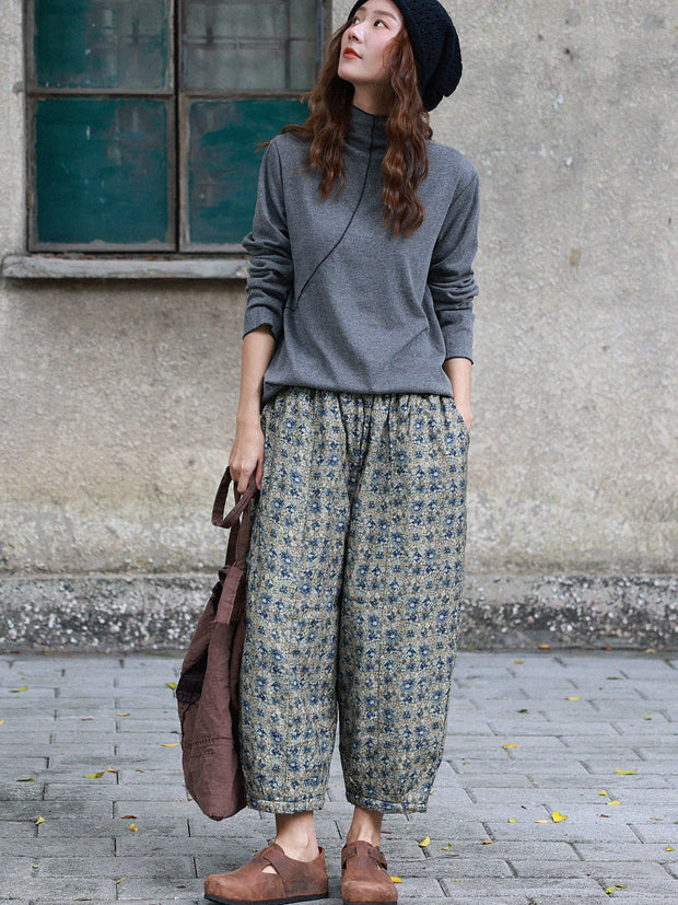 Women Vintage Floral Winter Warm Padded Harem Pants
