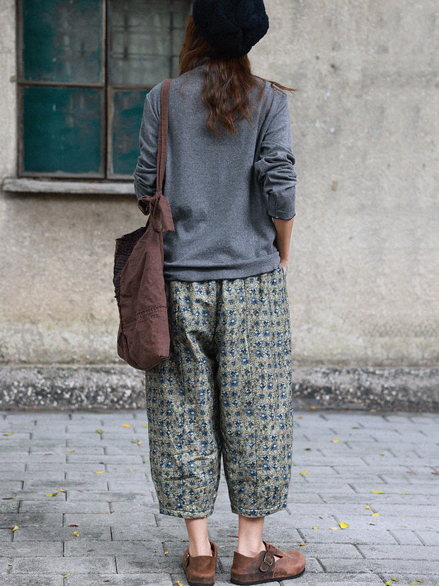 Women Vintage Floral Winter Warm Padded Harem Pants