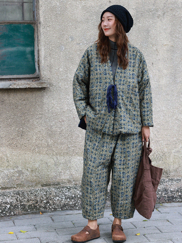 Women Vintage Floral Winter Warm Padded Harem Pants