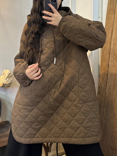 Plus Size Women Casual Rhomboid Warm Hooded Padded Coat