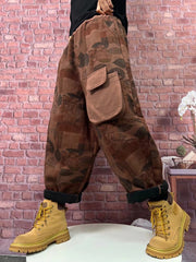 Plus Size Women Vintage Plaid Spliced Fleece-lined Harem Pants