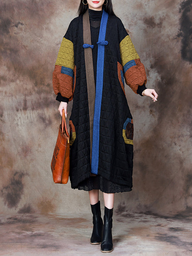 Women Artsy Colorblock V-neck Long Coat
