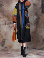 Women Artsy Colorblock V-neck Long Coat