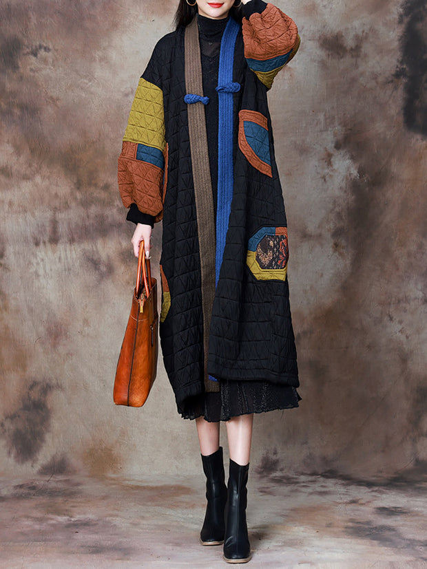 Women Artsy Colorblock V-neck Long Coat