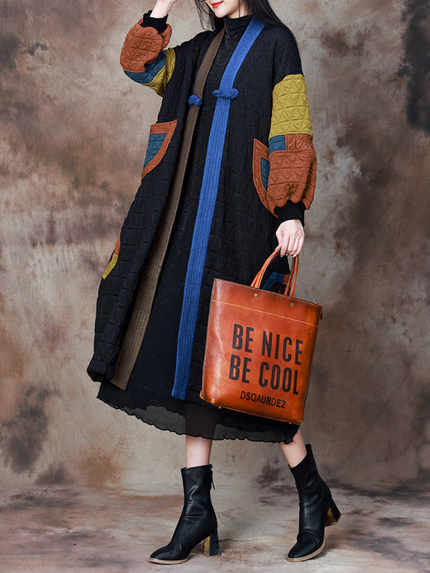 Women Artsy Colorblock V-neck Long Coat