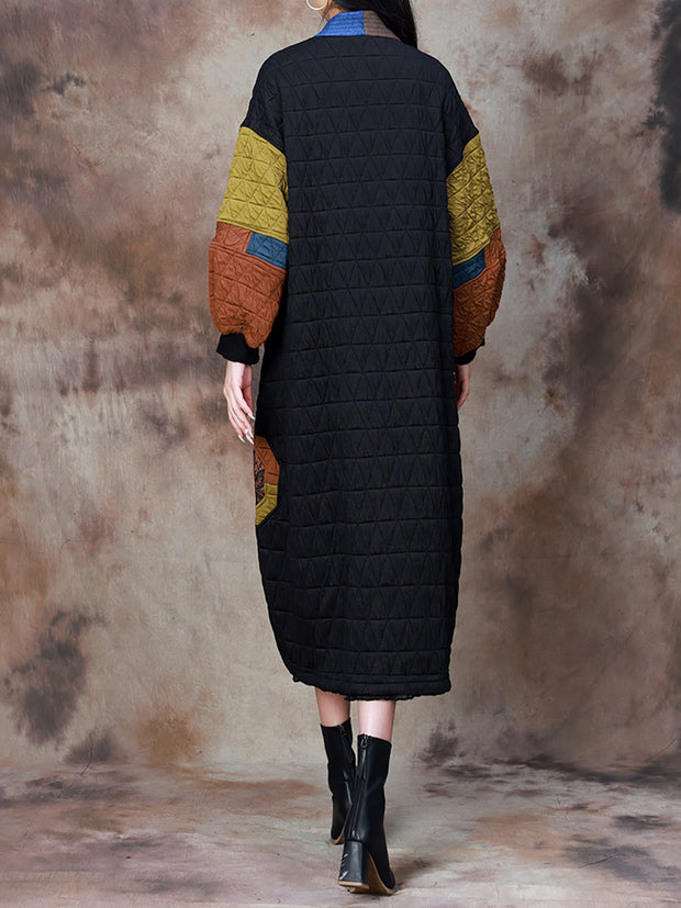 Women Artsy Colorblock V-neck Long Coat