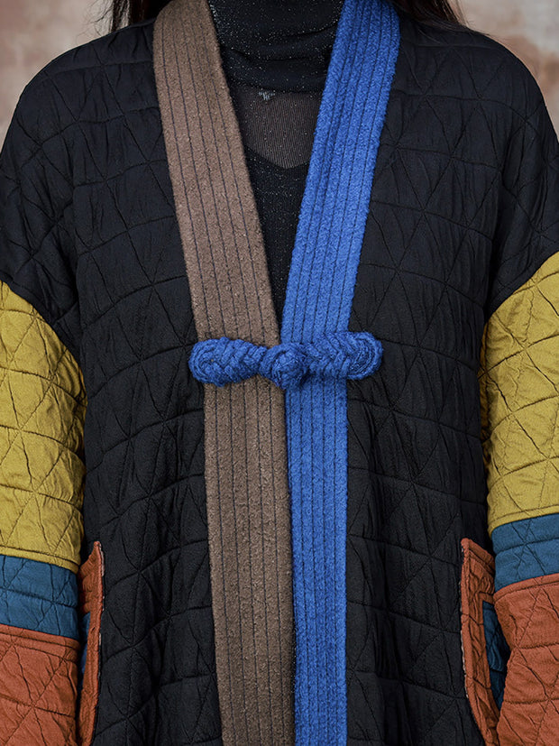 Women Artsy Colorblock V-neck Long Coat