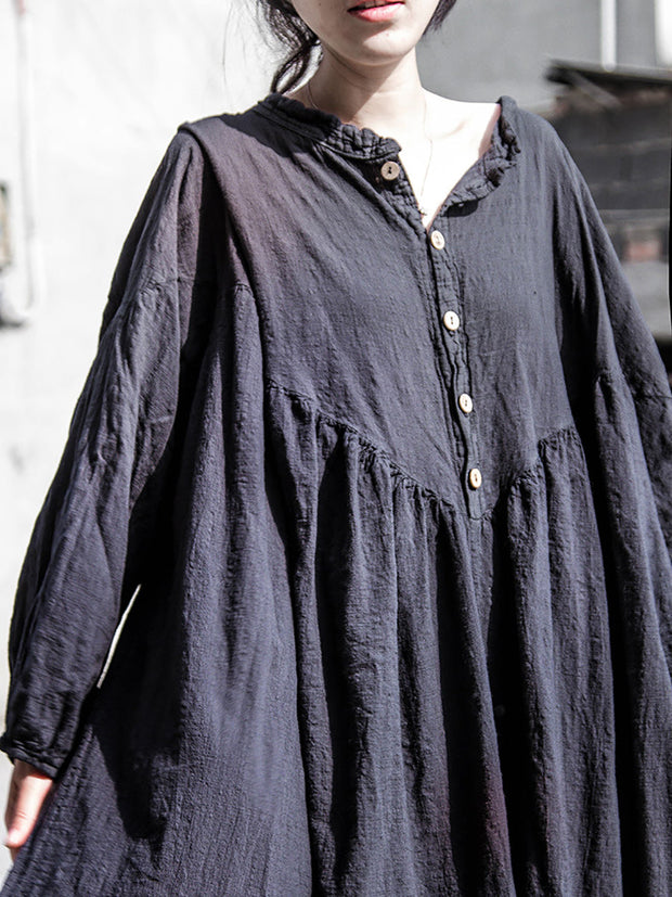 Women Vintage Pure Color Loose Cotton Linen Dress