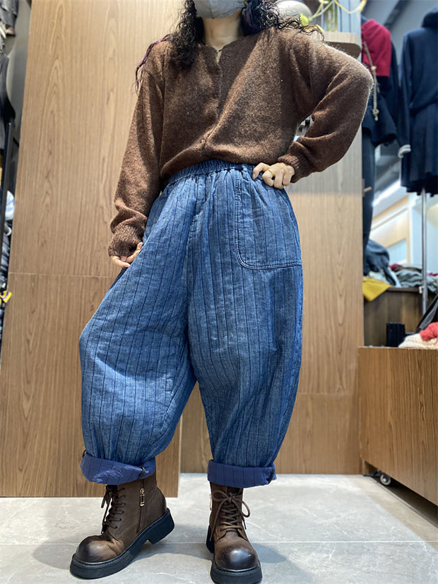 Women Winter Retro Stripe Cotton Padded Harem Pants