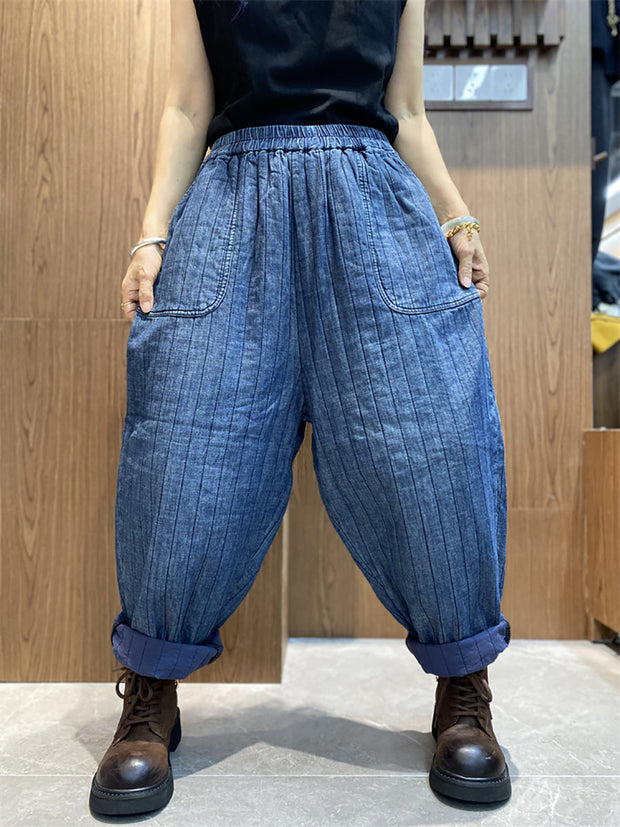 Women Winter Retro Stripe Cotton Padded Harem Pants