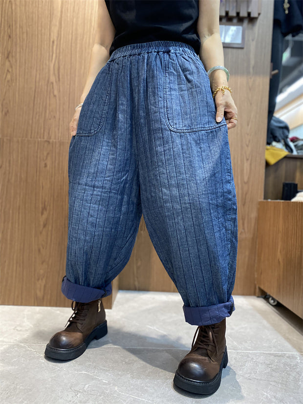 Women Winter Retro Stripe Cotton Padded Harem Pants