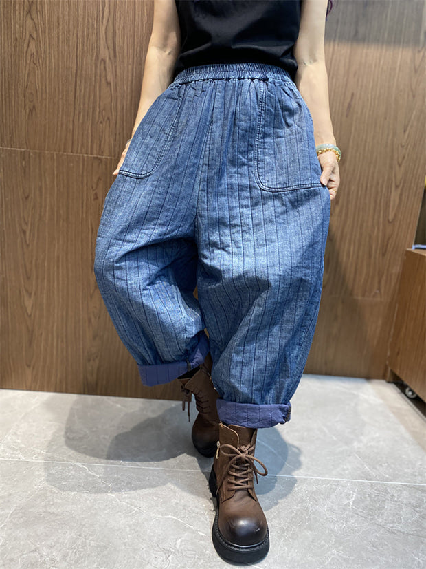 Women Winter Retro Stripe Cotton Padded Harem Pants