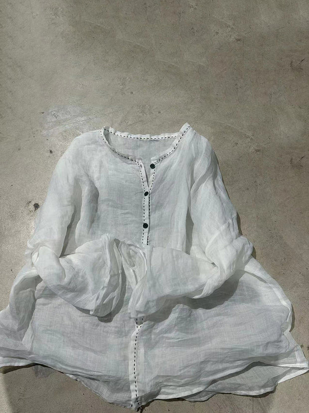 Plus Size Women Vintage Pure Color O-Neck Ramie Shirt