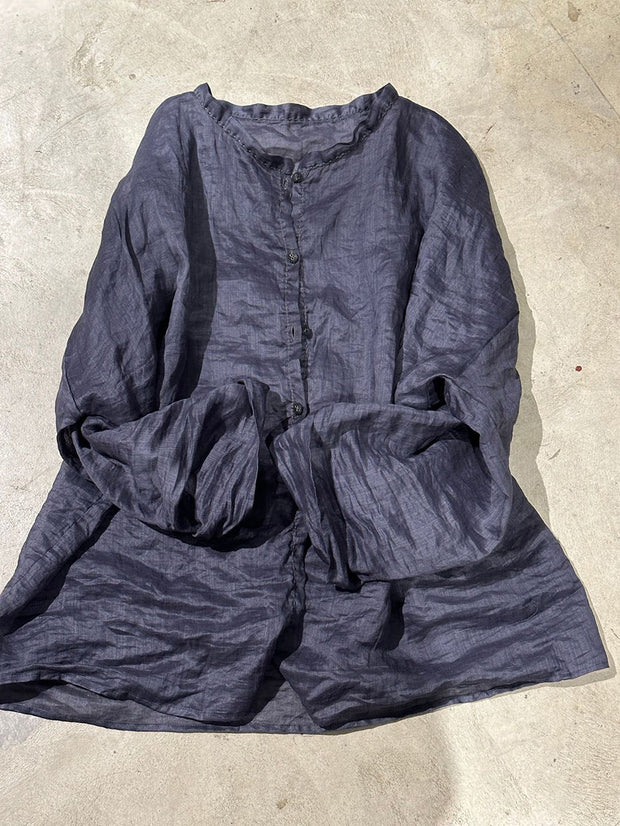 Plus Size Women Vintage Pure Color O-Neck Ramie Shirt