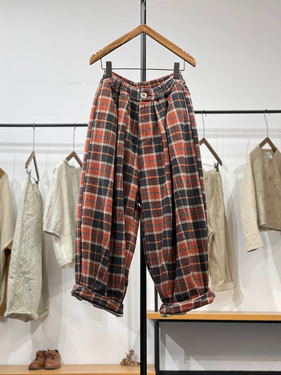 Women Winter Retro Plaid Padded Wide-leg Pants