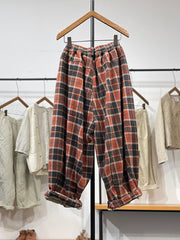 Women Winter Retro Plaid Padded Wide-leg Pants