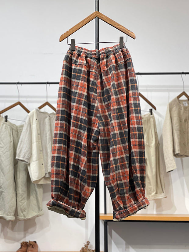 Women Winter Retro Plaid Padded Wide-leg Pants