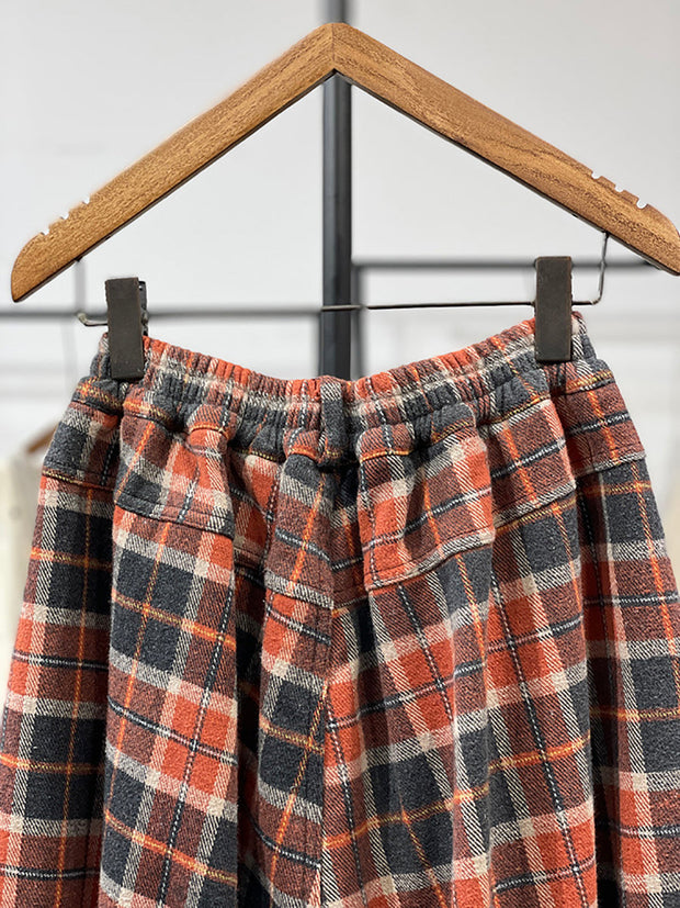 Women Winter Retro Plaid Padded Wide-leg Pants