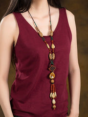 Women Ethnic Bead Stone Weave Sweater Necklace