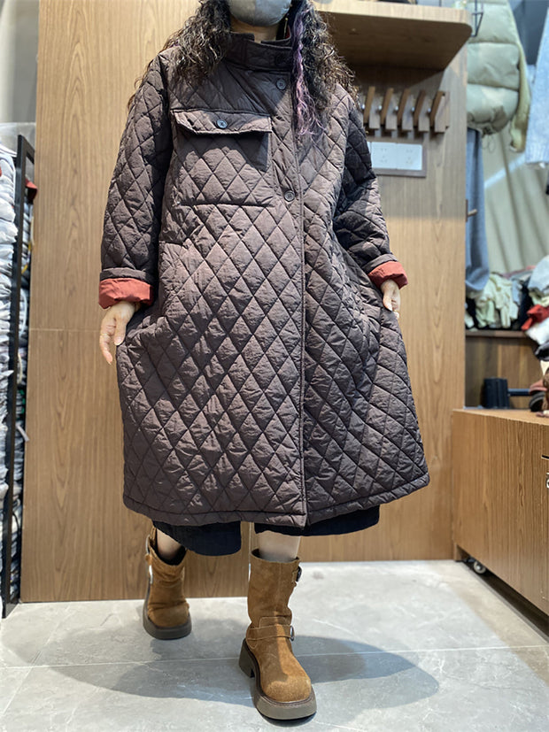 Women Autumn Casual Rhomboid Stand Collar Padded Coat