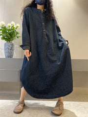 Women Autumn Retro Solid Denim O-Neck  Loose Dress