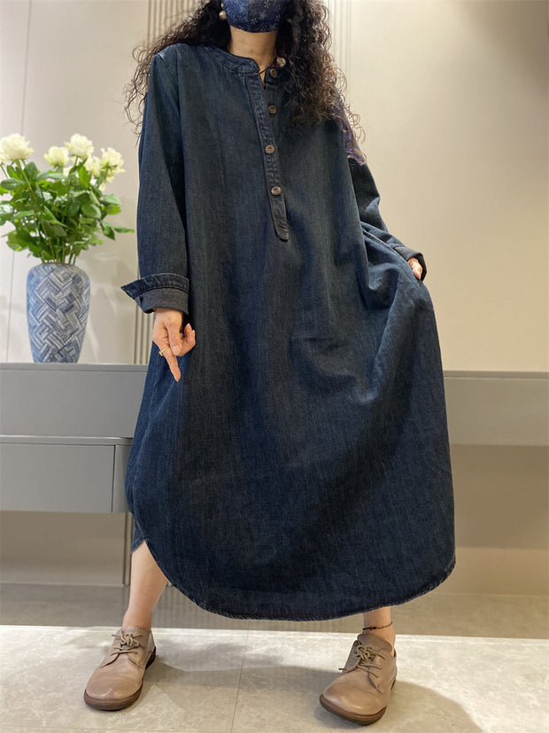 Women Autumn Retro Solid Denim O-Neck  Loose Dress