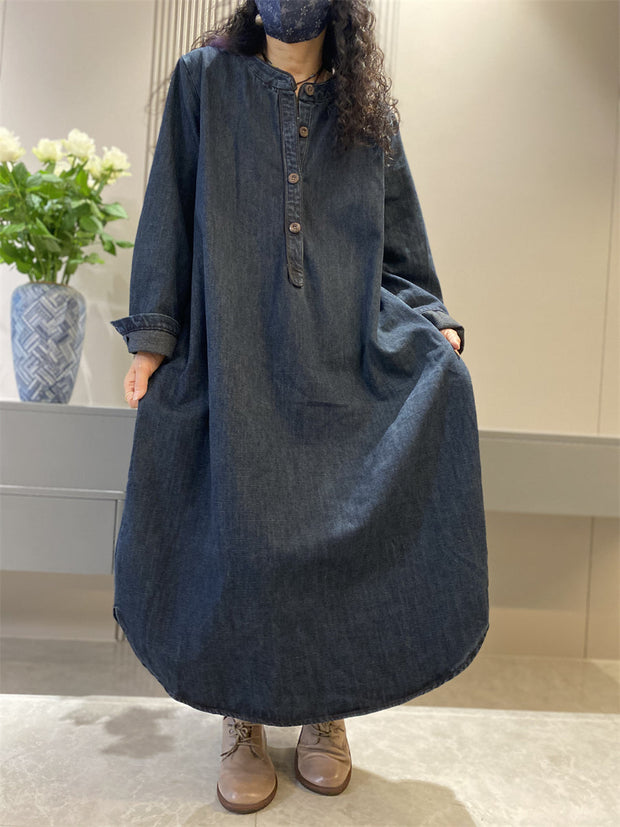 Women Autumn Retro Solid Denim O-Neck  Loose Dress