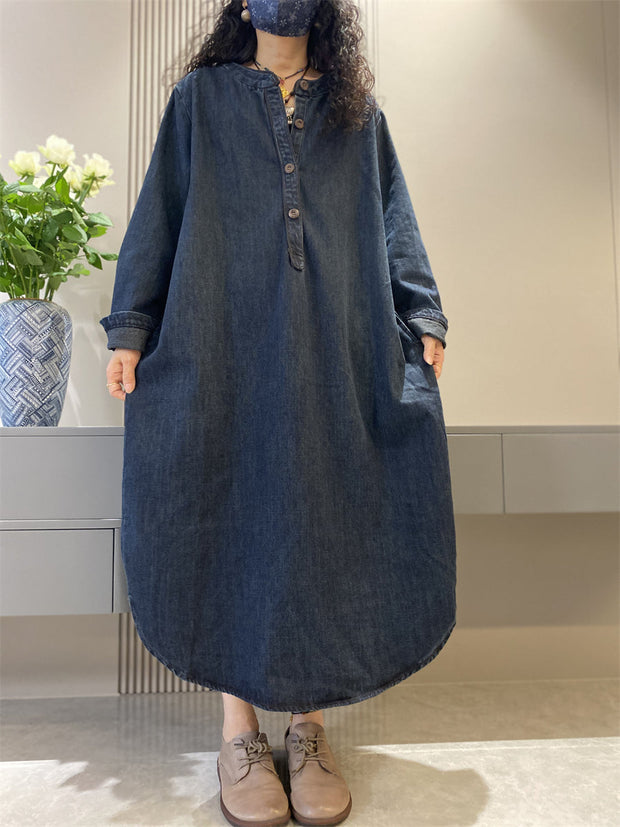 Women Autumn Retro Solid Denim O-Neck  Loose Dress