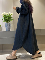 Women Autumn Retro Solid Denim O-Neck  Loose Dress