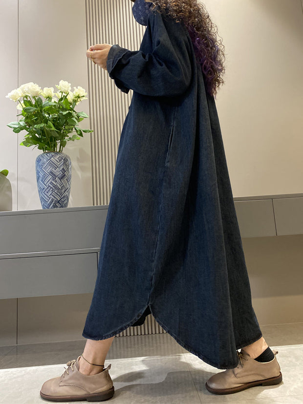 Women Autumn Retro Solid Denim O-Neck  Loose Dress
